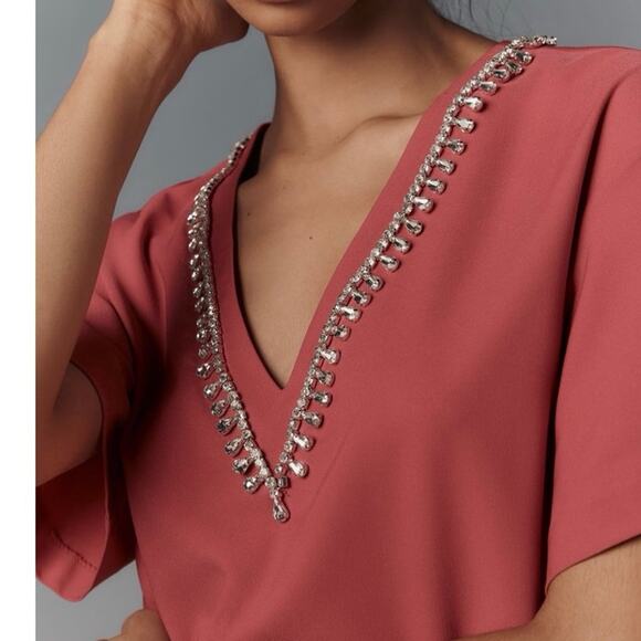 Hutch Anthropologie Rhinestone V-Neck T-Shirt Mini Dress Fuschia Pink - S - NWT - Picture 3 of 7